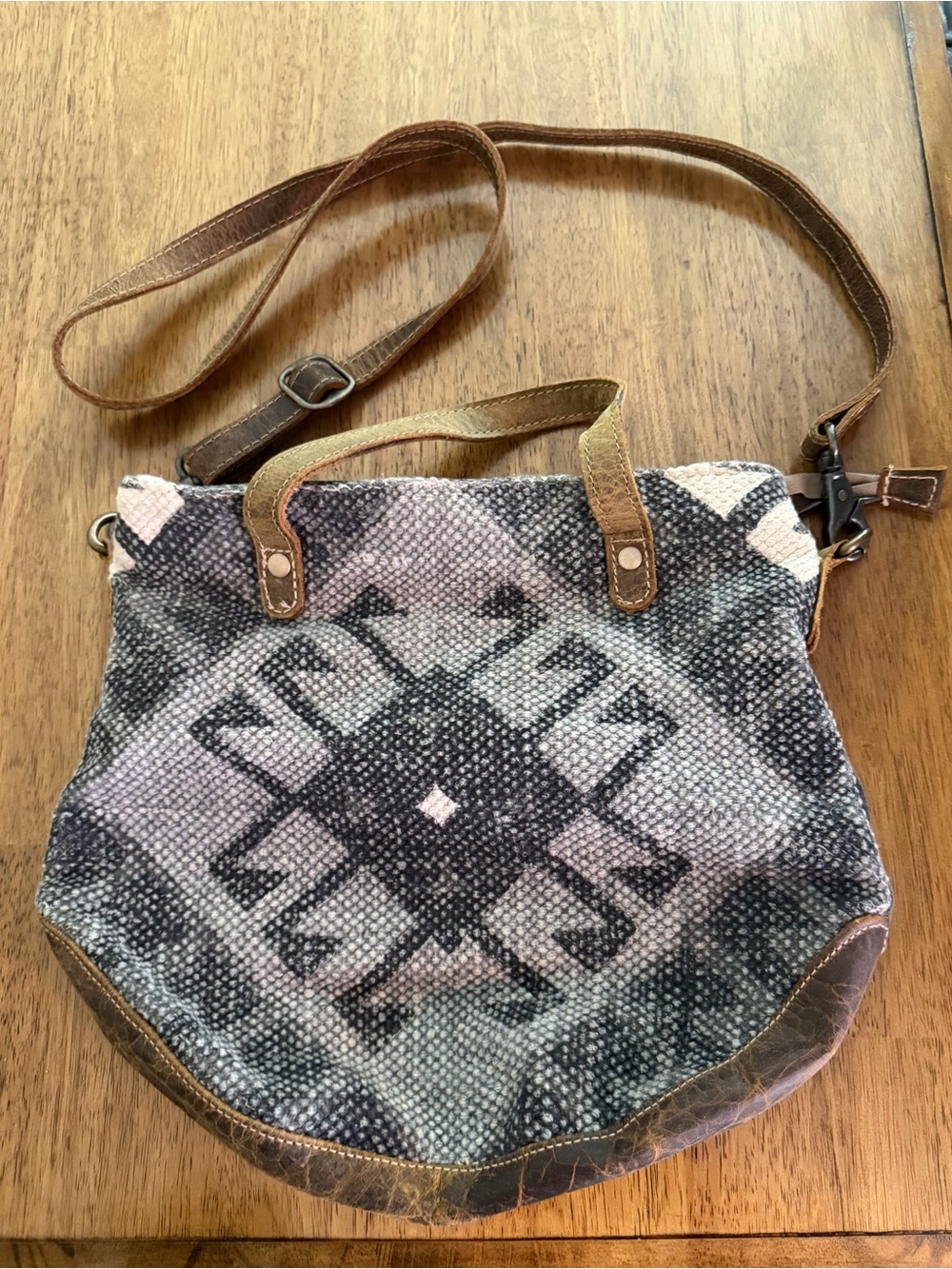 Myra Bag Canvas Aztec-Print Crossbody Tote in Gray and Brown